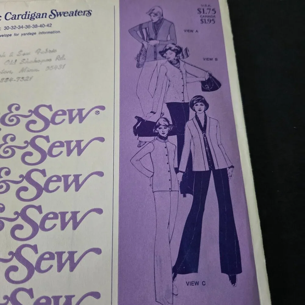 Stretch & Sew 615 sewing pattern Classic Cardigan Sweaters 70s UNCUT Vintage